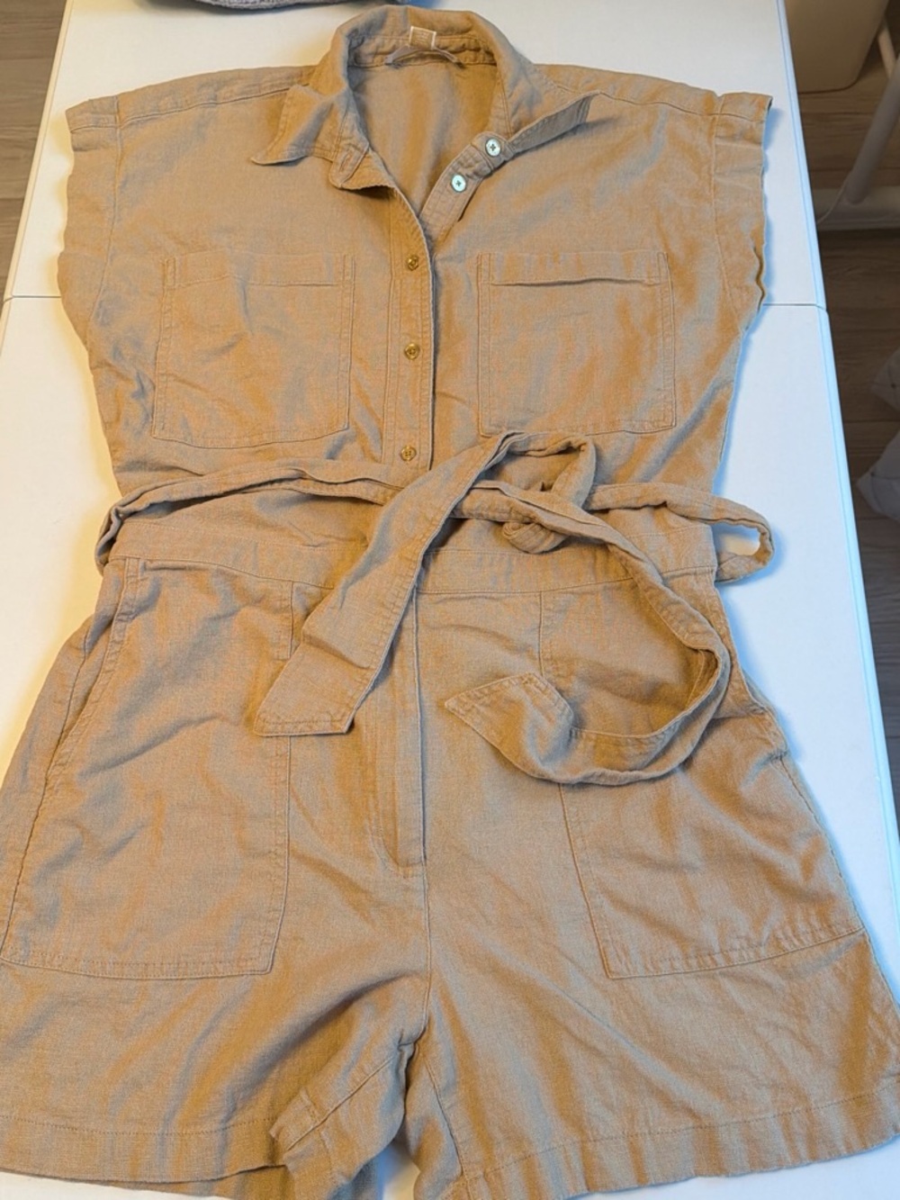Michael Kors Tan Utility Short Jumpsuit with Tie Waist